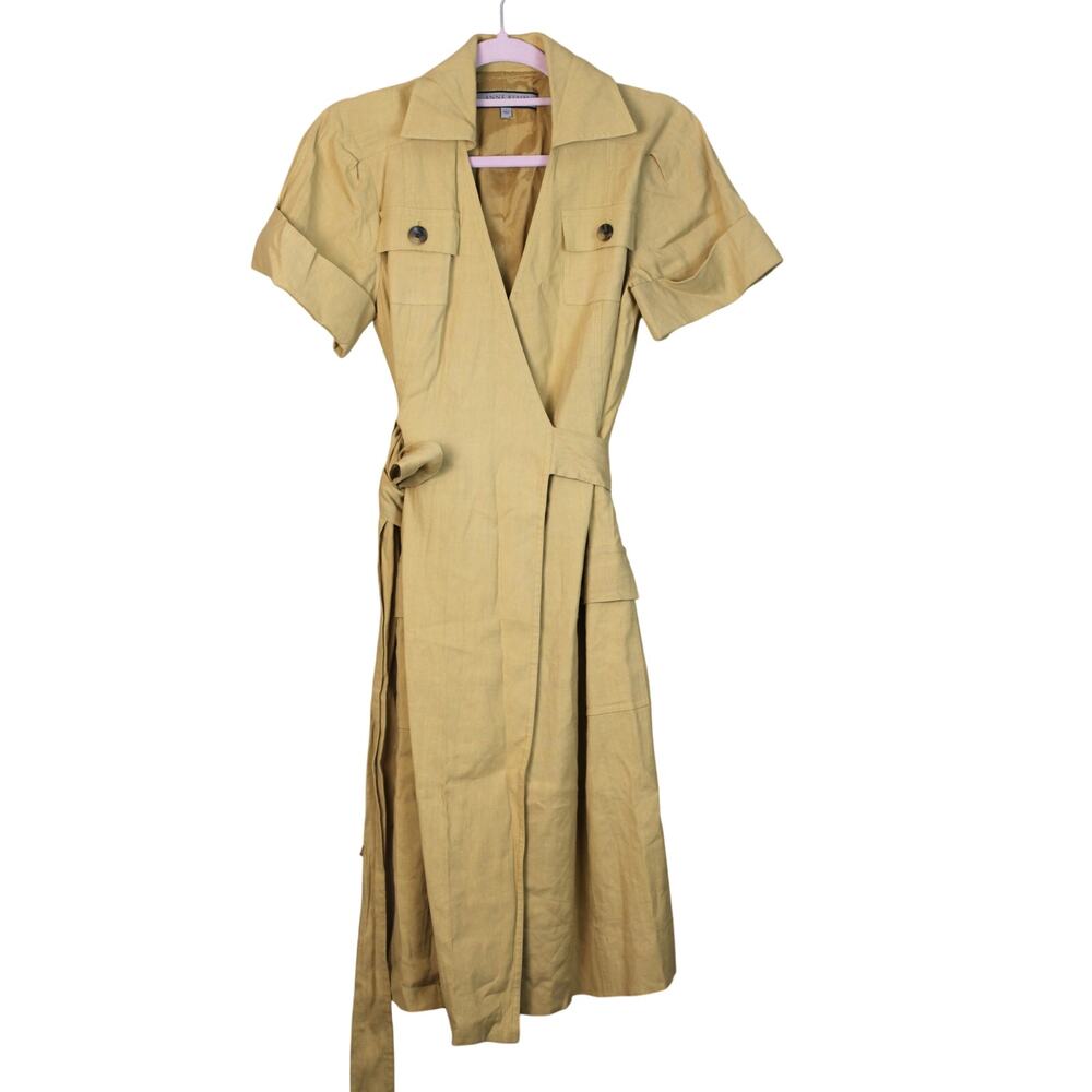Anne Klein Safari Chic Office Casual Camel Yellow Short Sleeve Wrap Midi Dress 2